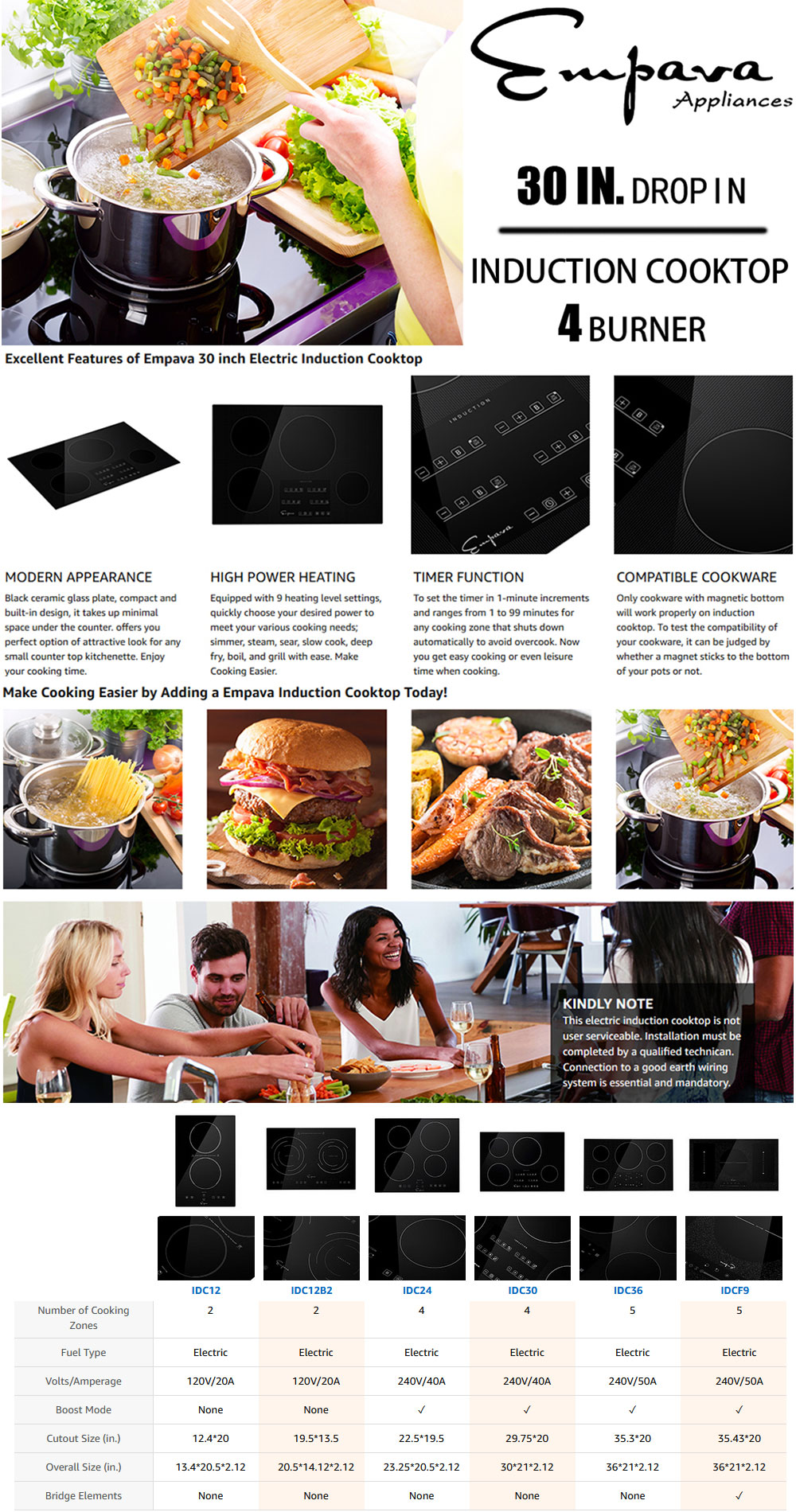 Empava Built-In 30 in. Electric Induction Cooktop in Black with 4 of